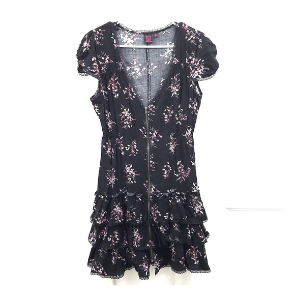 Black and Pink Floral Lace-Trimmed Dress - Picture 1 of 7